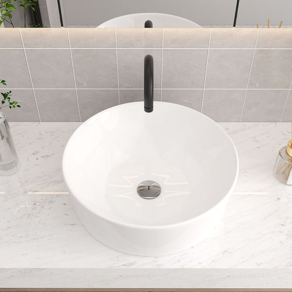 Bathroom Counter Top Ceramic Basin Sink Bathroom Vanity Cloakroom Hand Wash Basin Round Bowl with Pop Up Waste Drainer, White, 405x405x146mm, Faucet Not Included
