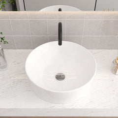 Bathroom Counter Top Ceramic Basin Sink Bathroom Vanity Cloakroom Hand Wash Basin Round Bowl with Pop Up Waste Drainer, White, 405x405x146mm, Faucet Not Included