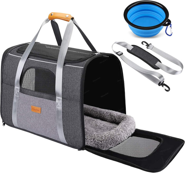 Morpilot Cat Carrier, Portable Pet Carrier Bag for Cats and Small Dogs, Foldable Soft Sided Cat Transport Carrier, Airline Approved Pet Travel Carrier with Shoulder Strap, Removable Mat and Pet Bowl