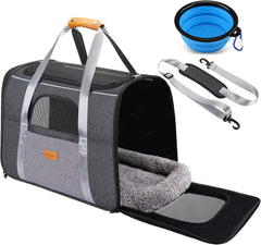 Morpilot Cat Carrier, Portable Pet Carrier Bag for Cats and Small Dogs, Foldable Soft Sided Cat Transport Carrier, Airline Approved Pet Travel Carrier with Shoulder Strap, Removable Mat and Pet Bowl