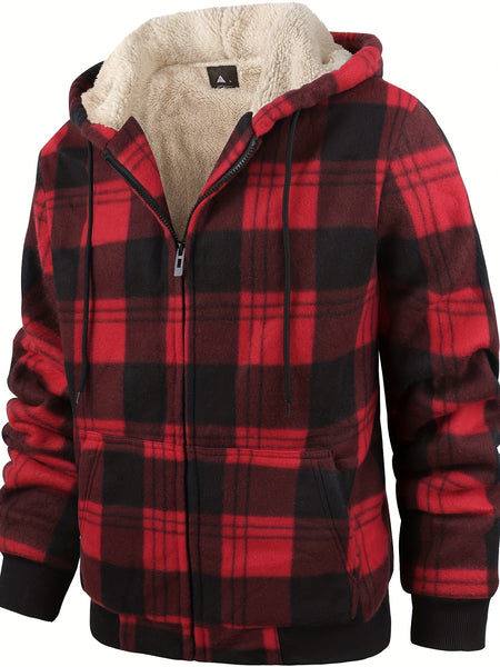 Men's Heavyweight -Lined Hooded Jacket - Full-Zip Plaid Thickened Shirt with Pockets and Adjustable Drawstring, Comfortable and Warm for Autumn and Winter