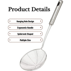 3pcs Kitchen Tools Stainless Steel Spider Strainer Set - for 15cm, 17cm, 19cm - Durable Metal Skimmers with Long Handles - Food-Safe Skimming Spoons for Frying, Pasta - with Hanging Loop