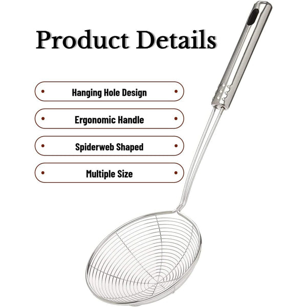 3pcs Kitchen Tools Stainless Steel Spider Strainer Set - for 15cm, 17cm, 19cm - Durable Metal Skimmers with Long Handles - Food-Safe Skimming Spoons for Frying, Pasta - with Hanging Loop