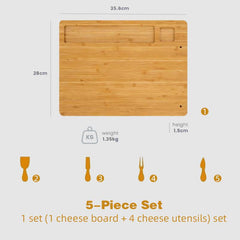 1 set (1 cheese board + 4 cheese utensils) set, cheese tray wooden cutting board cheese cutting board bamboo wooden tray kitchen supplies kitchenware Christmas kitchen accessories.