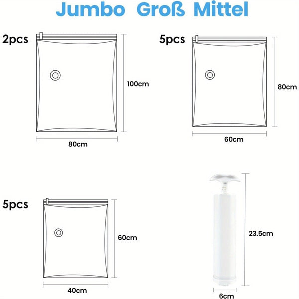 Space Saver Bags, Pack of 12 Jumbo Vacuum Storage Bags, Compressed Sealer Bags Storage for Clothes, Comforters, Beddings and Blankets with Hand Pump