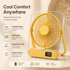 Ultra-Quiet USB Rechargeable Desk Fan with 5000Mah Battery 5 Speeds, Foldable 180° Design, Digital Power Display, Portable And Lightweight, Ideal for Home, Office, Travel, Road Trips, Outdoor Activities Strong, Refreshing Breeze Anytime