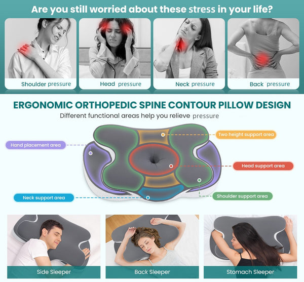 Cervical Neck Pillows for Neck and Shoulder, Odorless Memory Foam Pillow with Cooling Silk Case, Orthopedic Pillow Neck Support - Gray