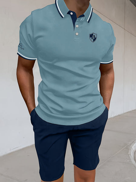 Men'S Polo Shirt Fashion Casual Set Pique Mesh Letter Pattern Top And Bottom