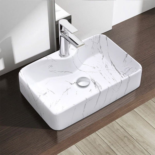 Rectangle Vessel Sink with Faucet Hole, Marble Effect Ceramic Countertop Bathroom Washbasin, Cloakroom Vanity Surface Mounted Ceramic Sink Vessel Washbasin with Pop Up Waste Drainer, Large Basin Sink for Lavatory, Bathroom, Vanity Unit, White Gloss, 480x3