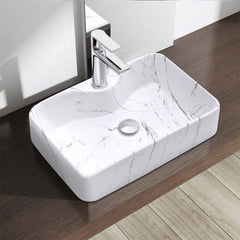Rectangle Vessel Sink with Faucet Hole, Marble Effect Ceramic Countertop Bathroom Washbasin, Cloakroom Vanity Surface Mounted Ceramic Sink Vessel Washbasin with Pop Up Waste Drainer, Large Basin Sink for Lavatory, Bathroom, Vanity Unit, White Gloss, 480x3