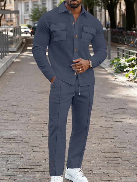 Spring And Autumn Men's Long Sleeved Pants with A Sense Of Luxury And Retro Temperament Featuring Lapel Pockets And Button Long Sleeved Jackets And Versatile Casual Pants Men's 2pcs Clothing Set