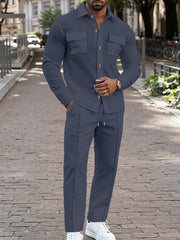 Spring And Autumn Men's Long Sleeved Pants with A Sense Of Luxury And Retro Temperament Featuring Lapel Pockets And Button Long Sleeved Jackets And Versatile Casual Pants Men's 2pcs Clothing Set