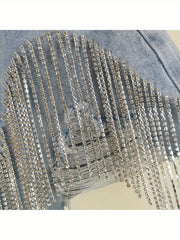 Fashionable Ladies' Shorts, Featuring Worn-out Fringed Chains and Charming Designs.