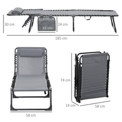 Portable Sun Lounger, Folding Camping Bed with Side Pocket and Pillow for Patio