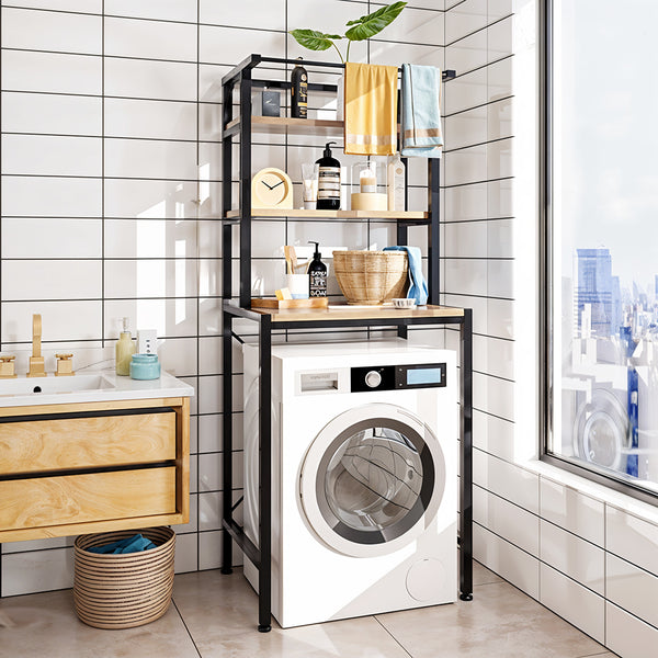 3-Tier Over Toilet Storage Rack, Freestanding Bathroom Laundry Organizer Shelf, Multi-Layer Storage Cabinet for Towels, Detergent, and Plants, White/Black