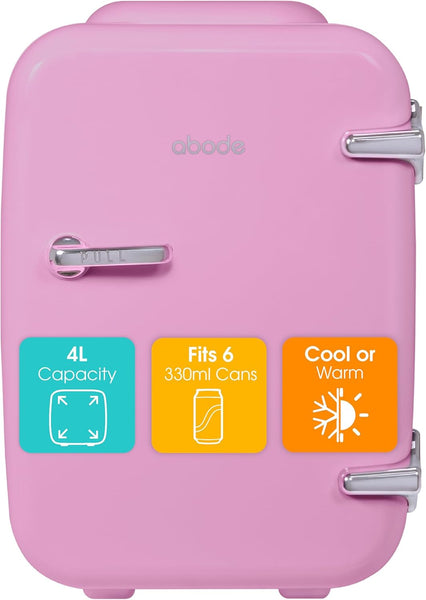 Abode Blue Mini Fridge A4CLR201BL 4L/6 Can Portable Thermoelectric Mini Cooler & Warmer for Drinks, Cosmetics/Makeup/Skincare, AC/DC Power, Retro Style, for Bedroom, Home, Caravan, Car