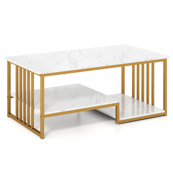 GOFLAME Faux Marble Coffee Table Rectangular 2-Tier Center Table w/ Shelf-White