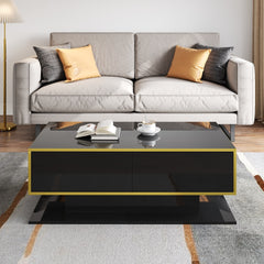 Modern LED coffee table, 100cm high gloss white coffee table, with 3 drawers and RGB light strips, adjustable color/brightness, gold edge, PB board material, suitable for living room, bedroom, lounge, studio - with a load-bearing capacity of 50kg and spac