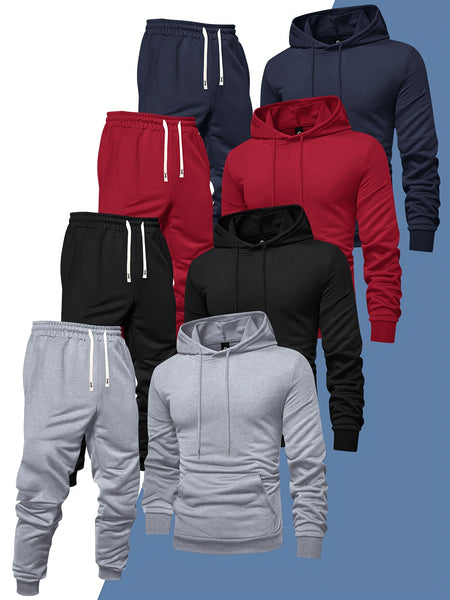 8pcs Men'S Hooded Sweatshirt + Sweatpants Autumn And Spring Casual Sports Suit Solid Color Plain Pullover Regular Long Sleeve Hoodie And Drawstring Elastic Waist Ribbed Ankle Pants