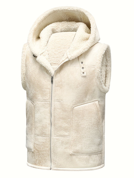 Men's Faux Fur-Lined Hooded Vest, Thickened and -Lined, Fashionable Windproof and Warm Outer Jacket for Men