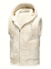 Men's Faux Fur-Lined Hooded Vest, Thickened and -Lined, Fashionable Windproof and Warm Outer Jacket for Men