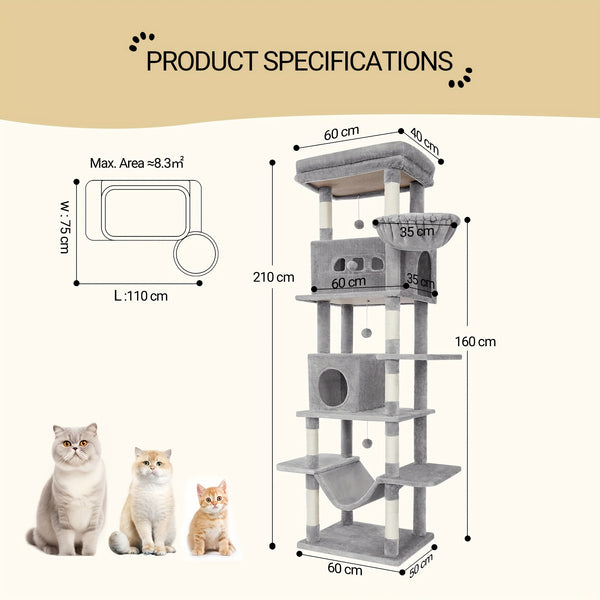 Cat Tree for Indoor Cats, 210cm Large Tall Cat Tower, Multi-Level Cats House with Condo, 8 Scratching Posts, Hammock, 4 Pom Poms