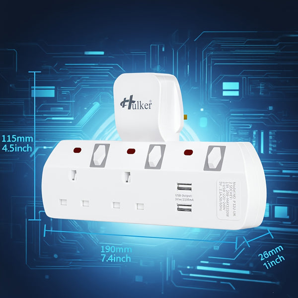 Hulker 3-Way UK Plug Switched Socket with 2 USB | Multi Plug Extension, Wall Plug Adapter, Turn 1 into 3, Surge Protection Power Extension Adapter, British Specification Plug, Operating Voltage 110V/220V