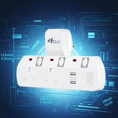 Hulker 3-Way UK Plug Switched Socket with 2 USB | Multi Plug Extension, Wall Plug Adapter, Turn 1 into 3, Surge Protection Power Extension Adapter, British Specification Plug, Operating Voltage 110V/220V
