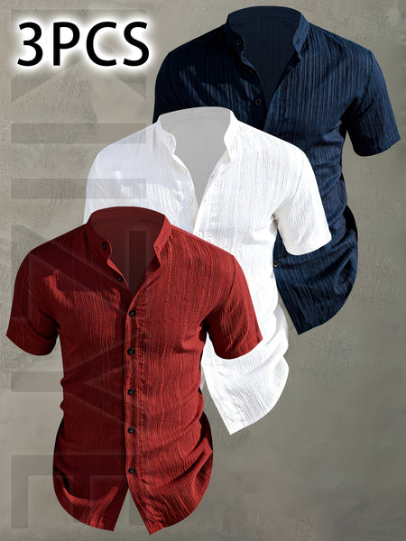 [Pearson OBM] 3pcs Men'S Summer Short Sleeve Shirt - Lightweight Breathable Solid Color Button-Up Casual Shirt with Stand Collar, Machine Washable for Beach Vacation, Pool Party And Casual Attire, Beach Shirt, Perfect for Gifting