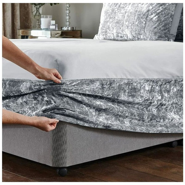 Elegant Silver Grey Crushed Velvet Wrap Around Bed Skirt - 40CM Extra Deep Bedbase Cover for Bedroom Guest Room with Adjustable All Around Elastic for Easy Fit - Soft, Breathable, and Dust-Repelling