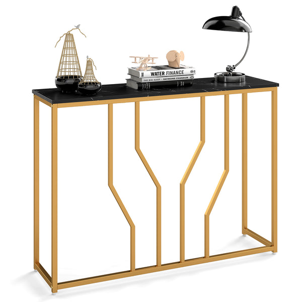 GYMAX Gold Console Table, 110 cm Modern White Entryway Table with Faux Marble Tabletop, Geometric Metal Frame, Narrow Behind Sofa Table Foyer Table for Living Room, Hallway, Entrance, Black