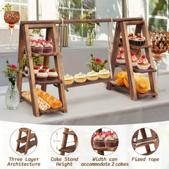 Wooden Double Dessert Table Display Set Rack 3 Tier Serving Tray Solid Wood Ladder Stand Wedding Cupcake Stand Dark Walnut Decorative Tray for Cake Snack Fruit Chips Bread Centerpieces