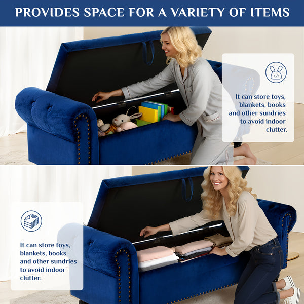 Ottoman Storage Bench, Velvet End Of Bed Storage Box With Lid, Sturdy Wood Legs Footrest, 168KG Load Capacity, Sofa Bench For Bedroom/Living Room, 133x53x46cm (Grey/Blue/Beige)