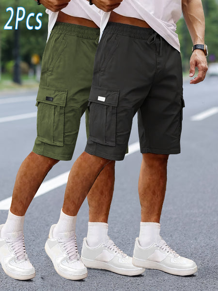 2pcs Men'S Cargo Shorts, Drawstring Waist Multi-Pocket Men'S Shorts