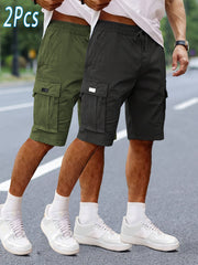2pcs Men'S Cargo Shorts, Drawstring Waist Multi-Pocket Men'S Shorts