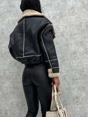 Women'S Autumn And Winter Lamb Casual Jacket, Motorcycle Style Flap Pocket Warm Coat, Drawstring Hem