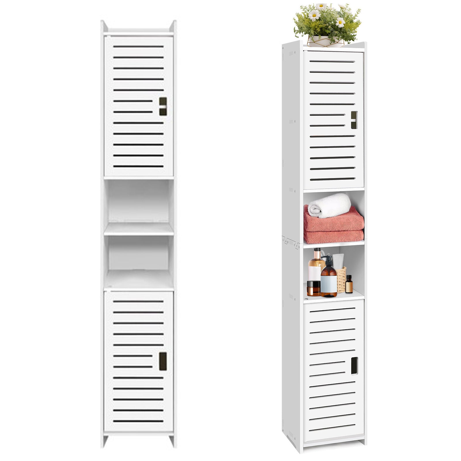 Bathroom Storage Cabinet, Tall Bathroom Cabinet, Slim Storage Cabinet, Freestanding Linen Tower Cabinet with 4 Tier and Door, Easy to Install for Kitchen/Hallway/Bedroom (116x20x20CM)