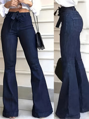 Ladies' Elegant Style Features High-Waisted Elastic Casual Pants, Complete with a Belt And Original Color Flared Trousers