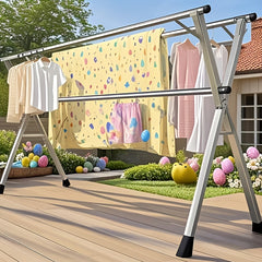 A Stainless Steel Foldable Clothes Drying Rack with Retractable Adjustable Double Bars And A Multi-Functional Drying Rack Suitable for Indoor And Outdoor Use. for Clothes, Quilts, And Bedding, It Provides Space-Saving Storage, Decoration