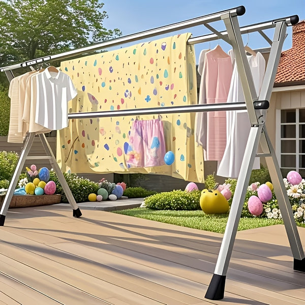 A Stainless Steel Foldable Clothes Drying Rack with Retractable Adjustable Double Bars And A Multi-Functional Drying Rack Suitable for Indoor And Outdoor Use. for Clothes, Quilts, And Bedding, It Provides Space-Saving Storage, Decoration