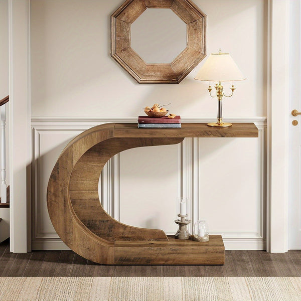 Mid-Century Modern C-Shaped Console Table 109.98 cm - Slim Engineered Wood Entryway Accent Table with Brown Finish, Easy Assembly for Living Room, Hallway, Foyer & Entryway, Console Table for Living Room, Hallway Furniture, Sturdy Furniture Construction