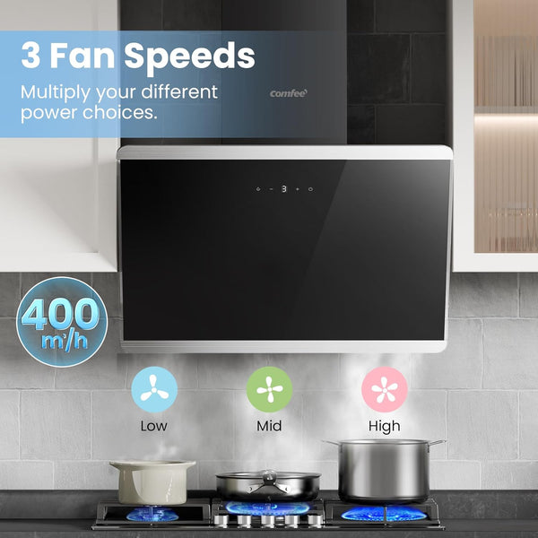 Midea COMFEE' 60cm Angled Cooker Hood Energy Class A++ - Tempered Glass Extractor Hood with Touch Screen, LED Lights, Recirculating & Ducting System, Wall-Mounted Black Kitchen Fan, A Must-Have for Every Home Kitchen