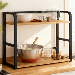 Two-Tier Coffee Bar Organizer for Kitchen Counter, Spice Rack, Versatile Mug Holder Display Stand, Accessory Storage Shelf with Hooks, Black