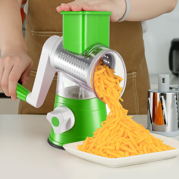 Rotary Vegetable Shredder 3 in 1 Rotary Cheese Grater Round Vegetable Mandoline Blades Handheld Fruit Vegetable Slicer Shredder for Fruit Nut and Vegetable Grate Green