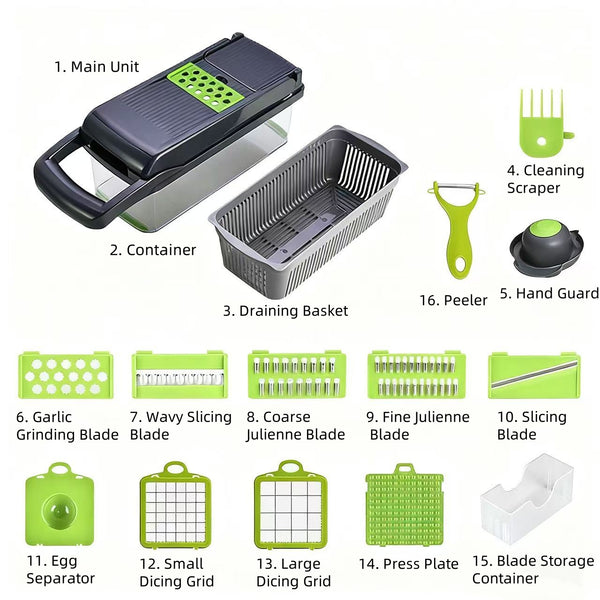 16-in-1 Kitchen Vegetable Chopper & Slicer Set, Multifunctional Food Cutter with Peeler, Dicer, Grater, Julienne Slicer, and Drain Basket, for Salad, Fruits, Onions, Potatoes, and All Your Meal Prep Needs
