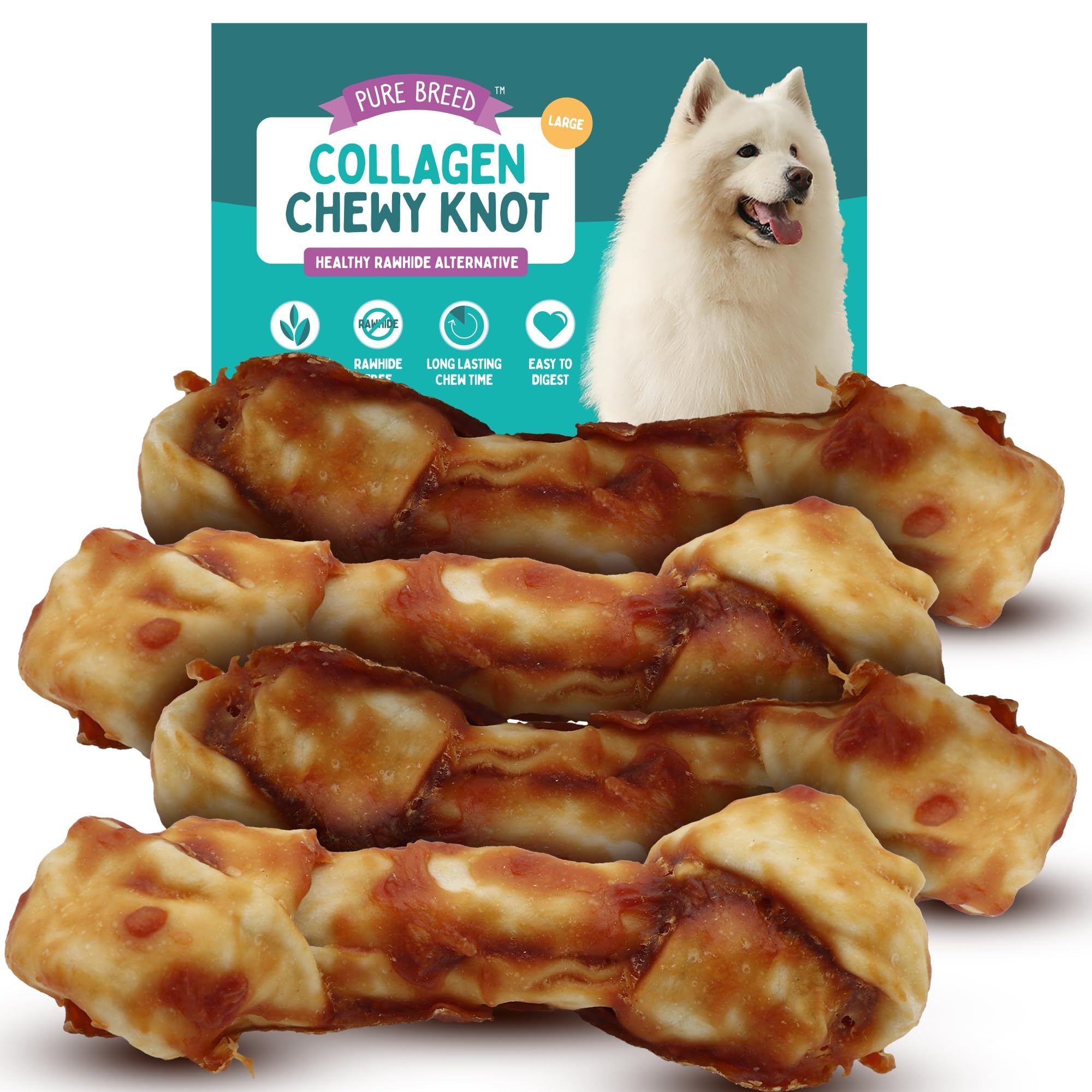 Pure Breed Large Collagen Dog Chewy Knots 4 Pack | Rawhide-Free Chicken Dog Treats | Long-Lasting Collagen Chews for Large Dogs | Healthy, Easy to Digest Holiday Pet Snacks | High-Protein Dog Gift