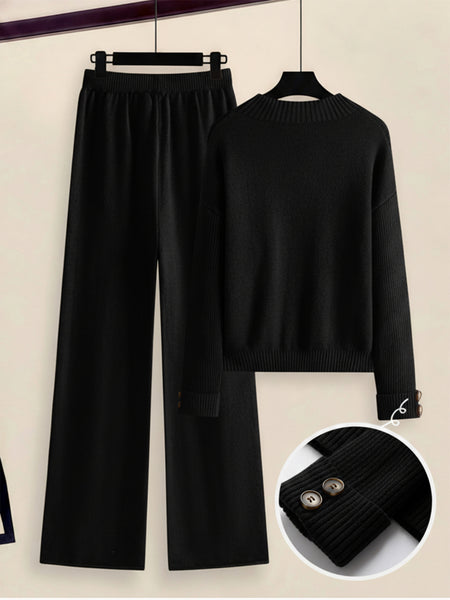 Women's 2pcs Set with Side Stripe| Crewneck Sweater & Relaxed Fit Straight Leg Pants| Soft Loungewear for Spring Autumn | European Casual Y Style