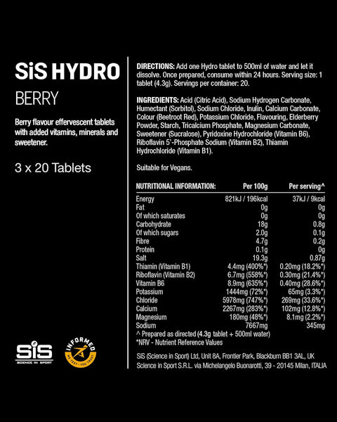 Science in Sport Hydro Electrolyte Tablets 20 Pcs. Berry – Vegan & Gluten-Free, Ideal to Promote Hydration and Maintain Electrolytes Balance (Packaging May Vary)