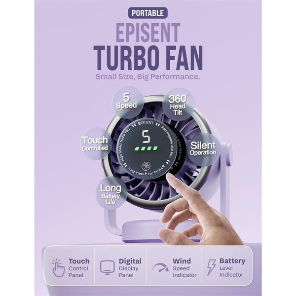 EPISENT Portable USB Desk Fan with Digital Display, Rechargeable Table Fan, 360° Adjustable Air Circulator, Touch Control, Wall Mount Design, 5 Speed Settings, Compact Fan for Home, Office & Travel