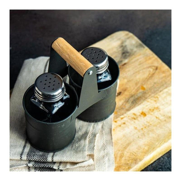 Envenzo Glass Salt and Pepper Shaker Set Grey Metal Tin Storage Holder Kitchen Restaurant Catering For Seasoning and Spices Classic Style